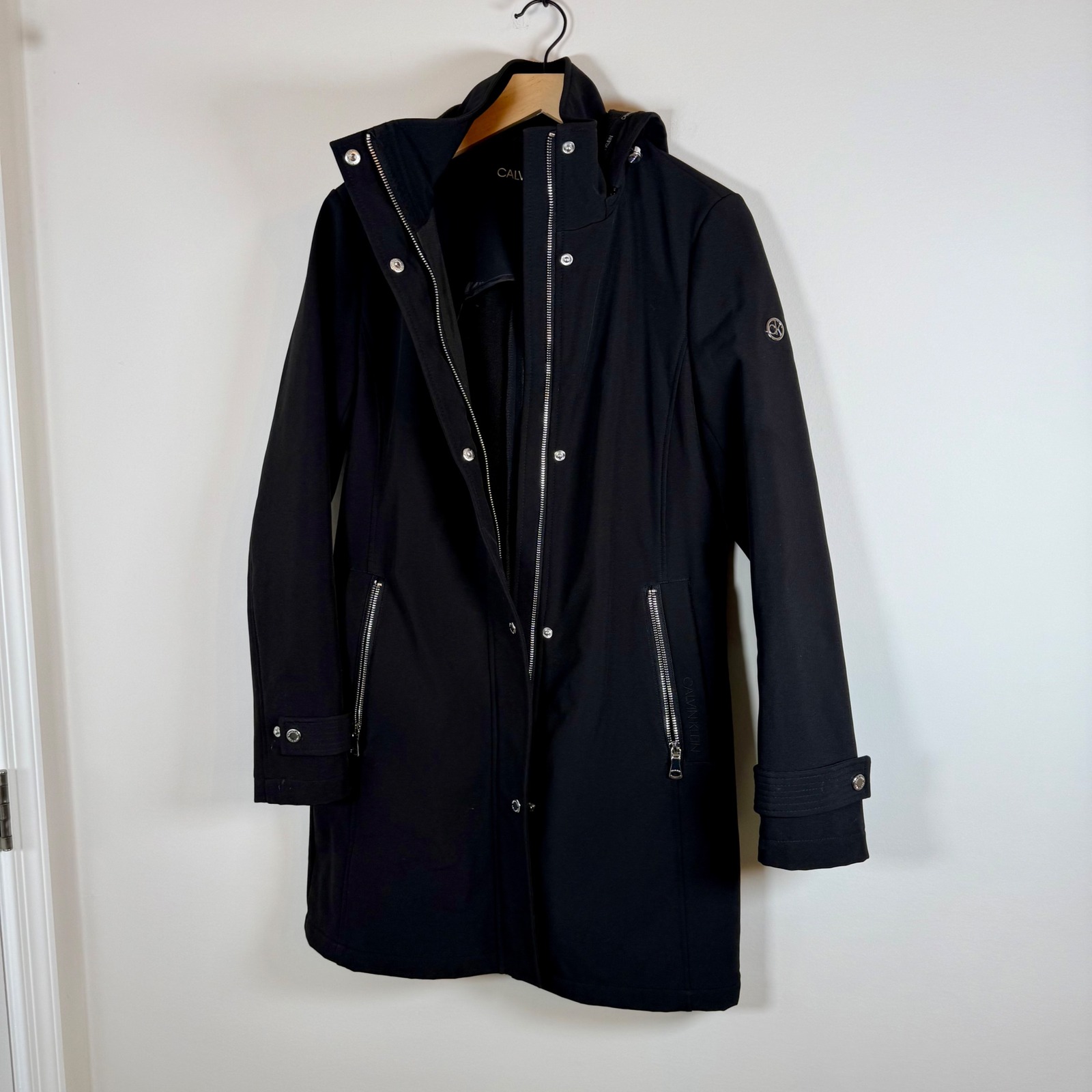 Calvin Klein Softshell Hooded Jacket Zip Up Rain Coat Xs Black Neutral Classic